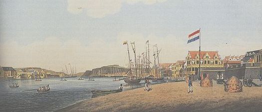 Zicht op de haven van Curaao rond 1830