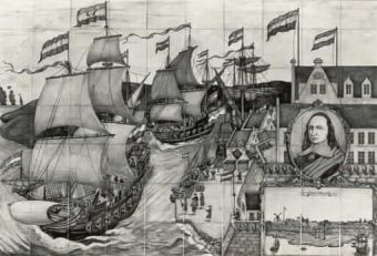 Tegelschilderij met symbolische voorstelling van de haven van Curaao onder de regering van Pieter Stuyvesant